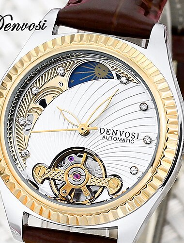  Damenuhr, leuchtende Skelett-mechanische Uhr für Damen und Herren, Mondphase, Strass, analog, Leder, Automatik-Armbanduhr, Unisex