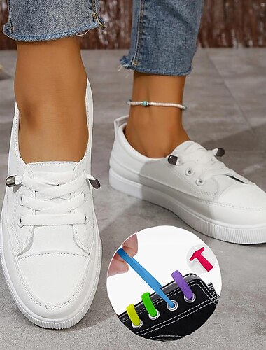  Damen-Sneaker, weiße Schuhe, Outdoor, täglich, flacher Absatz, runde Zehenpartie, modisch, sportlich, lässig, Walking, Canvas, Schnürung, weiß, mit 16-teiligem Set, Lazy No-Tie-Silikon-elastische Schnürsenkel, schnelle Schuhe, Spitze