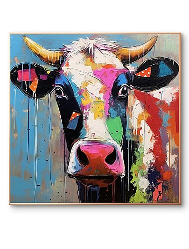  handgemaltes buntes Kuhgemälde auf Leinwand, Palettenmesser, schweres Strukturgemälde, quadratische Wand, Pop-Art, Bauernhaus, Rinder, Kunstwerk, Geschenk, ohne Rahmen
