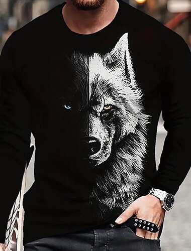  Men's Graphic Animal Wolf T shirt Long Sleeve T shirt 3D Print Crew Neck Shirt Fashion Designer Casual Sports Outdoor Holiday Going out Black Spring &  Fall Clothing Apparel S M L XL 2XL 3XL 4XL