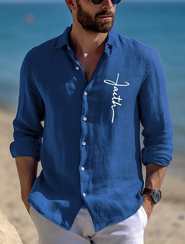  Camisa de lino para hombre, camisa con estampado de lino 55%, solapa de fe de manga larga blanca y azul, ropa diaria para primavera y otoño