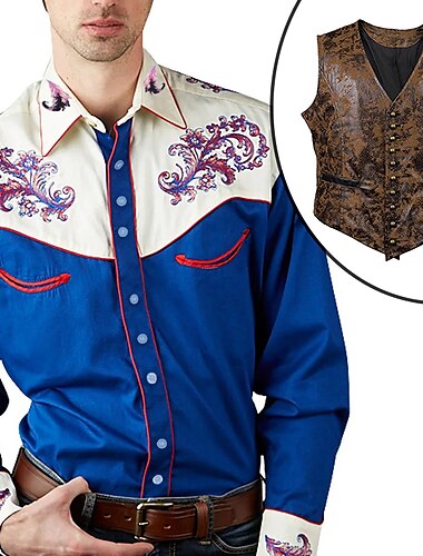  Conjunto con camisa de vaquero del oeste, chaleco de pu, trajes de 2 piezas para hombre, camisa informal de manga larga con botones, disfraz de cosplay de carnaval de fiesta retro vintage