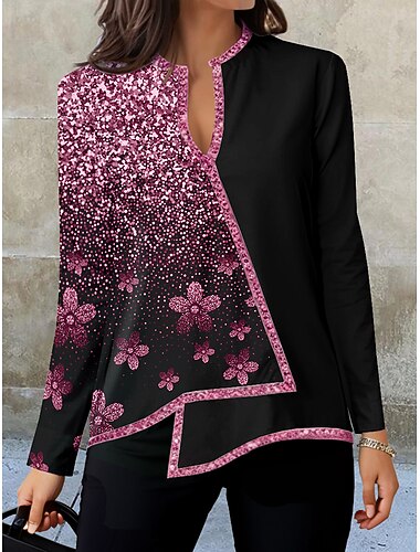  Kvinnekjole Lang erm Asymmetrisk kant Motetrend Blomsterprint Asymmetrisk kant Vanlige topper V-hals Fritidsferie Svart Sølv Rosa Blå Grønn Høst  Vinter