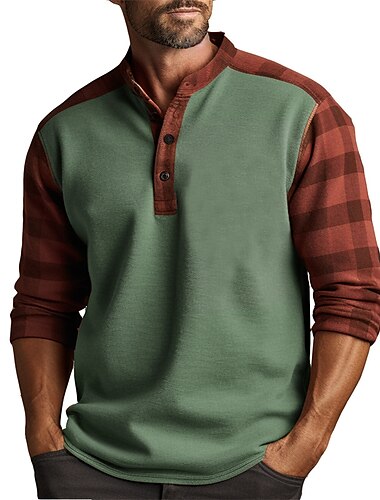  Herren Graphic Plaid Farbblock Henley Shirt Langarm 3D-Druck Modisch Täglich Brautkleider schlicht Casual Festtage Ausgehen Frühling & Herbst Blau Braun Grün Henley Henley T-Shirt