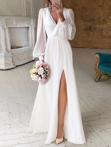  Kleine weiße Empfangskleider, einfache Brautkleider, A-Linie, V-Ausschnitt, lange Ärmel, bodenlange Chiffon-Brautkleider mit Rüschen