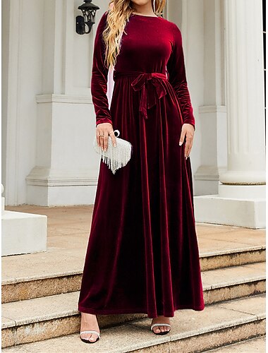  Schwarzes Damenkleid Samtkleid Ballkleid Schnürung Rundhals Langarm Winterkleid Schwarz Wein Herbst Winter