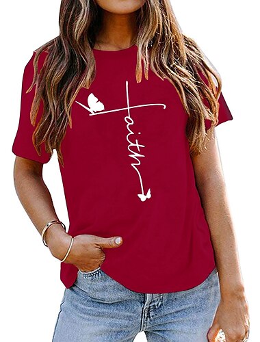  Damen T Shirt Schmetterling Buchstabe Vertrauen Basic Kurzarm Rundhalsausschnitt Normale Oberteile Täglich Marineblau (weiße Schrift) Schwarz (weiße Schrift) Dunkelgrün (weiße Schrift) dunkelgrau