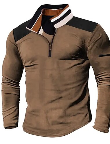  Homens Camiseta Camiseta Quarter Zip T-shirt Camisa de manga longa Manga Longa Quarter Zip Primavera & Outono Bloco de cor Vintage Básico Patchwork Férias Rua Para Noite Marron Top Tee para Homens