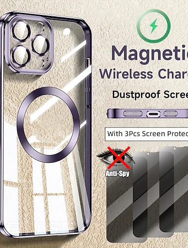  Handyhülle + 3er-Pack Privatsphäre-Anti-Spionage-Displayschutz für iPhone 15 14 13 12 11 Pro Max Plus x xr xs max kabellose Ladehülle Magsafe magnetische Luxus-Objektivschutzhülle aus transparentem Silikon