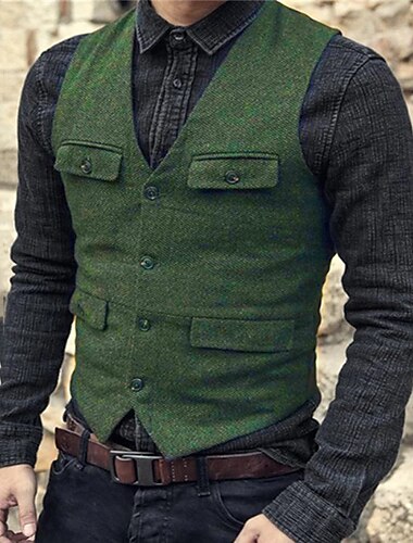  Herren Weste Freizeitskleidung Urlaub Ausgehen Modisch Basic Frühling & Herbst Taste Polyester Komfortabel Glatt Einreihiger Verschluss V Ausschnitt Regular Fit Schwarz Dunkelmarine Dunkelgrün Braun
