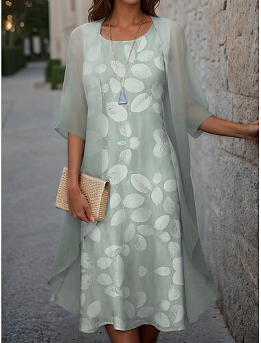  Kvinnegradsdrakt Midi Dress To Delt Kjole Set Bryllupsdeltaker Cocktailkjole Blomster Chiffon Uformell Motetrend Elegant Moderne Print Vår Crew Neck Halv Erme Løs Passform Rosa Blå Lilla