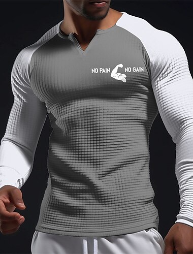  Herren Grafik Farbblock Muskel Waffelhemd T Shirt Raglan-T-Shirt Langarm T-Shirt 3D-Druck V Ausschnitt Hemd Täglich Klassisch Lässig Sport im Freien Ferien Ausgehen Schwarz Weiß Hellgrau Frühling