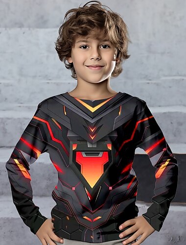  男の子 3D 幾何学模様 Ｔシャツ シャツ 長袖 3Dプリント 春 秋 スポーツ ファッション ストリートファッション 子供 3〜12年 クルーネック アウトドア カジュアル 日常 レギュラー
