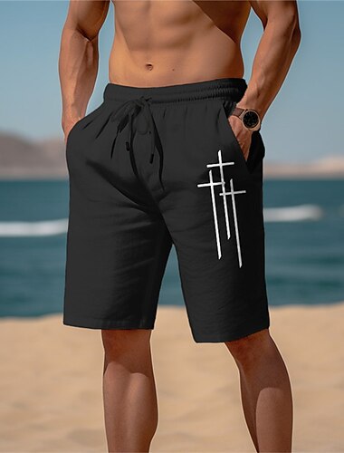  Herren Grafik-Drucke Kreuz Leinenshorts Kurze Hosen Sommer-Shorts Strandshorts Kurze Hosen Mittlere Taillenlinie Strassenmode Designer Casual Täglich Festtage Kordelzug Elastische Taille Bedruckt