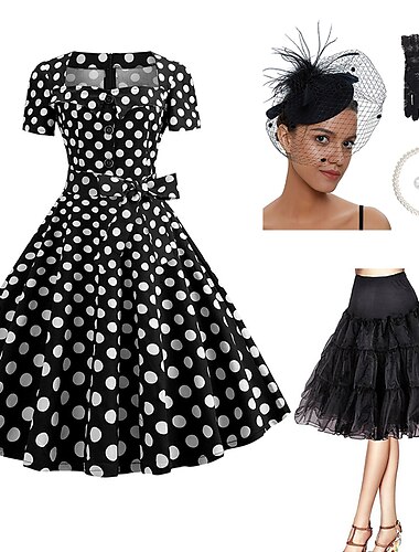  Set mit A-Linien-Kleid, Petticoat unter dem Rock, Fascinator, Hut, Spitzenhandschuhen, Ohrringen, Halskette, Damen-Cocktailkleid im 50er-Jahre-Stil, Vintage-Partykostüm, ausgestelltes Kleid,