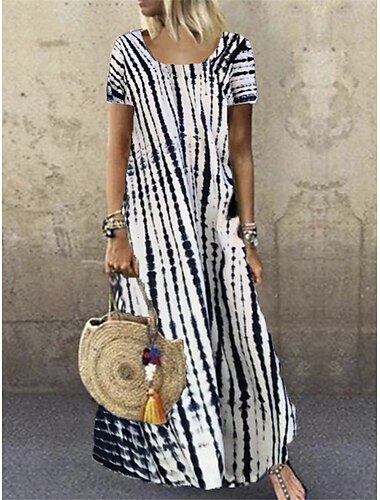  Damen Freizeitkleid Streifendruck Rundhalsausschnitt Langes Kleid Maxikleid Böhmen Boho Urlaub Kurzarm Sommer