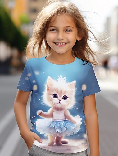  Mädchen 3D Katze T-Shirt Hemd Rosa Kurzarm 3D-Druck Sommer Aktiv Modisch Kuschelig Polyester kinderkleidung 3-12 Jahre Rundhalsausschnitt Outdoor Casual Täglich Regular Fit