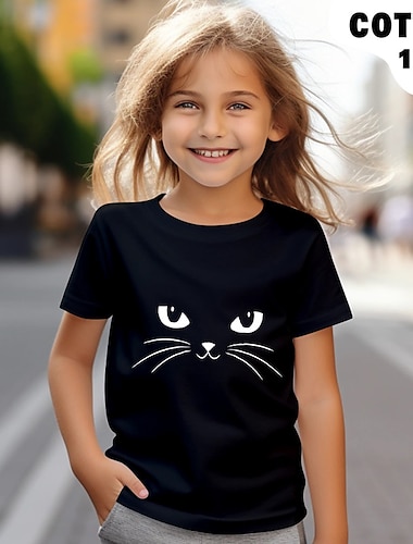  100 % bomull Barn Flickor Svart Vit Rubinrött Katt T-shirt Skjortor Rund hals Kortärmad Utomhus Ledigt Dagligen Aktiv Mode söt stil Crewneck Sommar