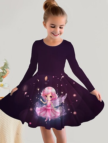  Meninas 3D FADAS Vestido Manga Longa Impressão 3D Primavera Outono Férias Desportos e Ar livre Diário Estilo bonito Casual Lindo Infantil 3-12 anos Vestido casual Vestido A Line Acima do Joelho Normal