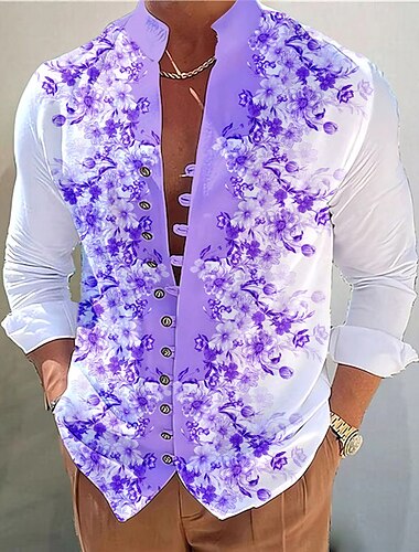  Herren Blumen Hemd Knopfhemd Langarm Brautkleider schlicht Freizeitskleidung Ausgehen Wochenende Frühling Sommer Stehkragen Bedruckt Button-Down Gelb Rosa Blau Purpur