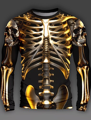  Herren Graphic Totenkopf Motiv Skelett Langarm T-Shirt 3D-Druck Rundhalsausschnitt Hemd Täglich Designer Künstlerisch Party Casual Festtage Gold Frühling & Herbst Bekleidung Normal S M L XL XXL XXXL