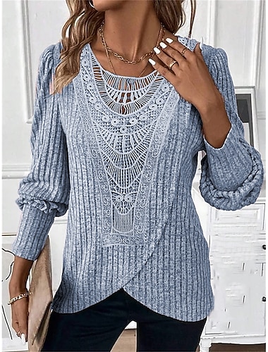  Bluse für Damen, elegant, lässig, Spitze, langärmelig, normale Oberteile, Rundhalsausschnitt, für den Alltag, Rosa, Blau, Grau, Frühling&amp;  fallen
