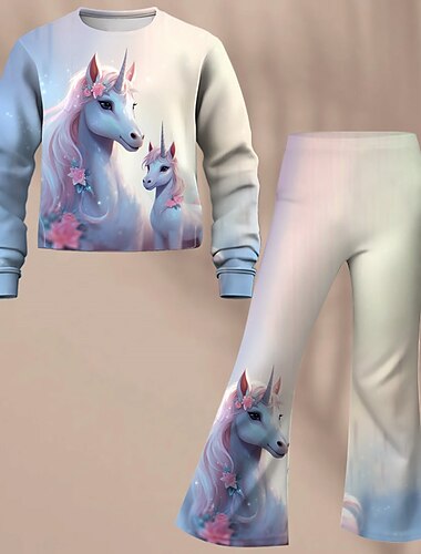  Mädchen 3D Einhorn Set aus Sweatshirt und Schlaghose Langarm 3D-Druck Frühling Herbst Aktiv Modisch Täglich kinderkleidung 3-12 Jahre Rundhalsausschnitt Outdoor Urlaub Verabredung Regular Fit