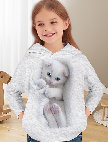  女の子 3D 猫 パーカー Pullover 長袖 3Dプリント 春 秋 活発的 ファッション かわいいスタイル 子供 3〜12年 フード付き アウトドア カジュアル 日常 レギュラー