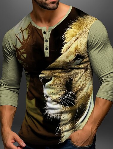  Men's Graphic Animal Lion Henley Shirt Long Sleeve 3D Print Fashion Daily Casual Casual Holiday Going out Spring &  Fall Red Brown Khaki Gray Henley Henley T-Shirt
