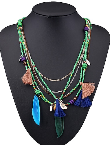  Collar bohemio de varias capas de Carnaval hecho a mano con cuentas de plumas y flecos, cadena para suéter, cuentas de arroz de resina, joyería para turismo
