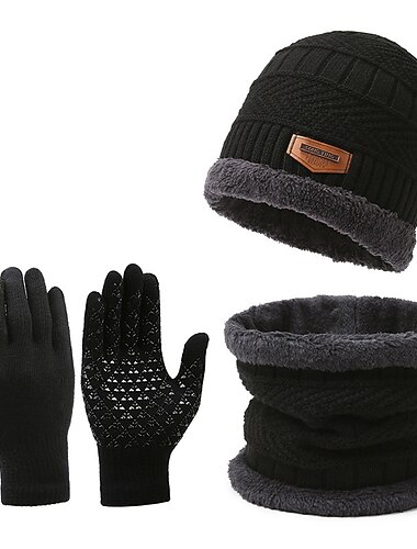  男性用 ビーニー・ハット 帽子とスカーフ 帽子＆手袋セット ブラック バーガンディー 純色 ウォーム 高通気性 ソフト 保温処理