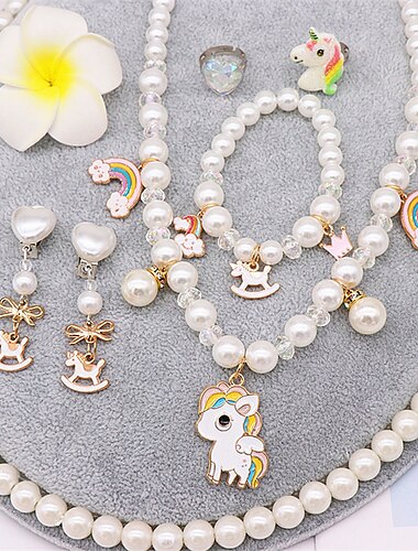  Conjunto de pulsera y collar de perlas para niños, collar de unicornio, accesorios para niñas y bebés, collar para niños