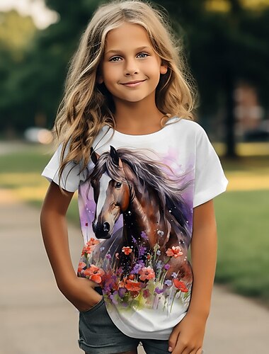  女の子 3D 馬 Ｔシャツ シャツ 半袖 3Dプリント 夏 活発的 ファッション かわいいスタイル ポリエステル 子供 3〜12年 クルーネック アウトドア カジュアル 日常 レギュラー
