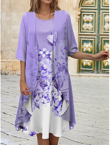  Kvinnegradsdrakt Midi Dress Bryllupsdeltaker Cocktailkjole Chiffon Dato Uformell Elegant To Delt Kjole Set Vår Crew Neck Halv Erme Blomster Løs Passform Rosa Blå Lilla