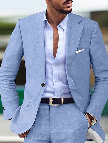  חליפות פשתן לגברים כחול בהיר חאקי חליפות קיץ חתונת חוף בצבע אחיד 2 חלקים בהתאמה אישית עם שני כפתורים חד חזה 2024