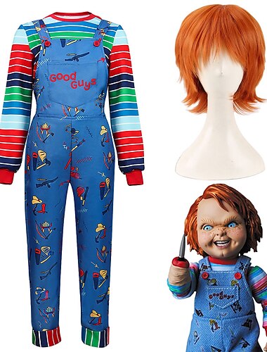  setti Chucky puku haalari pyöreä pääntie collegepaita oranssi peruukki 3 kpl elokuva-tv teema Chucky cosplay puku asut aikuisille lapsille unisex miehet naiset pojat tytöt pelottavat nuket cosplay