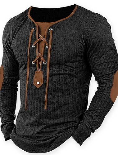  Men's T Shirt Ribbed Knit tee Tee Top Long Sleeve Shirt Long Sleeve Collar Spring &  Fall Color Block Fashion Designer Basic Patchwork Drawstring Vacation Street Going out Black White Blue Top Tee