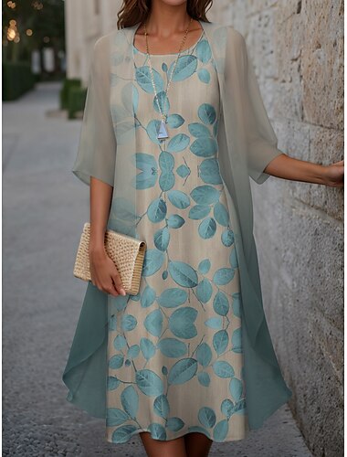  Damen Abschlusskleid Midi Kleid Zweiteiliges Kleid Set Hochzeitsgast Cocktail Kleid Floral Chiffon Lässig Fashion Elegant Modern Druck Frühling Rundhalsausschnitt Halblange Ärmel Lockere Passform