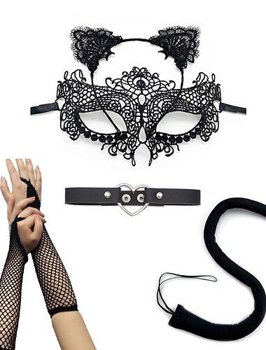  karneval sexet prinsesse kattekjole sort blonde maske katteører (dampet katteøre formet brød) hårbøjle danse maskesæt