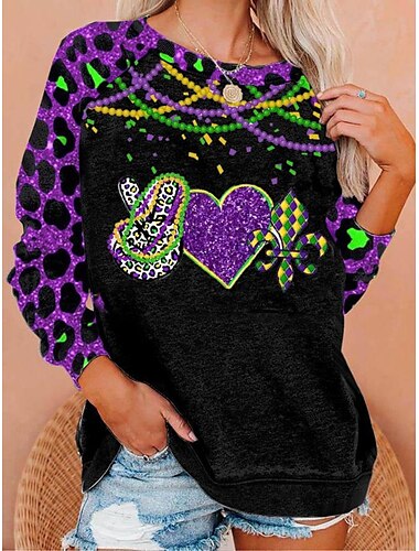  Damen Sweatshirt Mardi Gras Pullover aktive Sportbekleidung Grafik lässiger Sport Rundhalsausschnitt Druck Langarm schwarz gelb lila grün violett Herbst  Winter Karnevalsthema