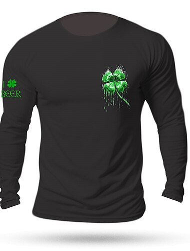  St. Patrick's Day, vierblättriges Kleeblatt, Saint Patrick Day, Schwarz, Weiß, Dunkelblau, T-Shirt, T-Shirt für Herren, grafisches Baumwollhemd, Vintage-Basic-Shirt, Langarm, bequemes T-Shirt, Sport,