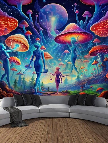  Trippy psychedelischer Schwarzlicht-Wandteppich, UV-reaktiv, leuchtet im Dunkeln, neblige Naturlandschaft, hängender Wandteppich, Wandkunst-Wandbild für Wohnzimmer, Schlafzimmer