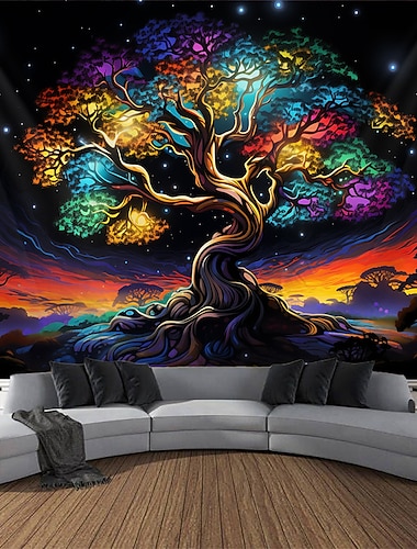  blacklight wandtapijt uv-reactieve glow in the dark levensboom trippy misty natuur landschap hangend tapijt muurkunst muurschildering voor woonkamer slaapkamer