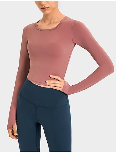  Mujer Camiseta Running Top corto Color sólido Yoga Aptitud física Dedo Pulgar Top corto Rojo Cuello Barco Alta elasticidad Primavera & Otoño