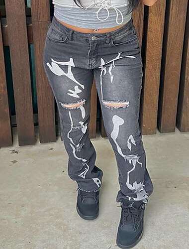 Mujer Vaqueros Vaqueros desgastados Mezclilla Cortado Alta cintura Longitud total Gris oscuro Invierno