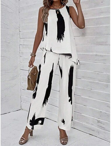  Ensemble de 2 pièces pour femmes débardeur de mode et pantalons pantalons larges sans manches col rond impression graphique décontracté quotidien blanc été coupe régulière