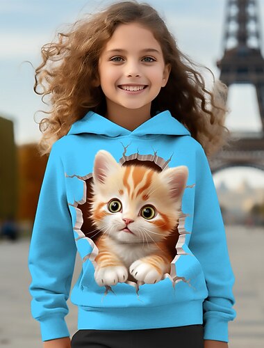  للفتيات 3D كارتون قطة هوديي Pullover زهري كم طويل طباعة ثلاثية الأبعاد الربيع الخريف نشيط موضة لطيف أطفال 3-12 سنة مع قبعة الأماكن المفتوحة فضفاض مناسب للبس اليومي عادي