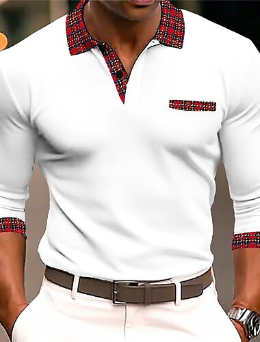  Kentucky Derby Herre Plæd / Tern Kabelstrik polo Golf polo skjorter Langærmet Polo skjorter Aftæpning Forretning udendørs Streetwear Afslappet / Hverdag 3D Trykt mønster Forår sommer Blå Sort Hvid