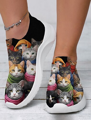  Damen Turnschuhe Slip-Ons Schuhe bedrucken Flyknit Schuhe Komfort Schuhe Outdoor Täglich Katze Flacher Absatz Modisch Brautkleider schlicht Fliegendes Weben Schwarz Weiß Rot