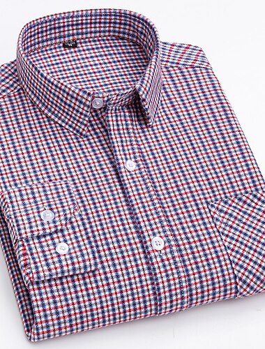  男性用 シャツ ドレスシャツ ボタンダウンシャツ チェック オフィス＆キャリア ウェディングパーティー ダークレッド ルビーレッド ネイビーブルー ブルー 長袖 ラペル 春 & 秋 衣類 フロントポケット